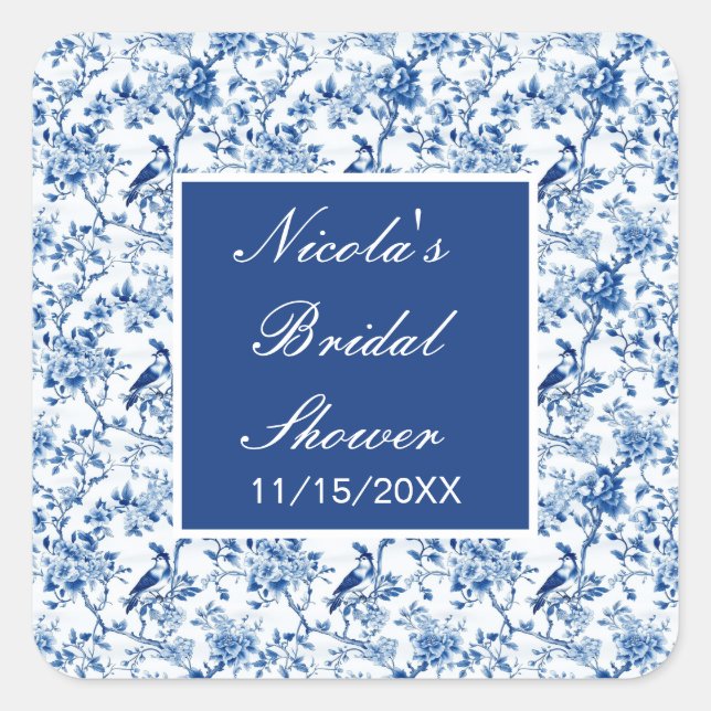 Chinoiserie Blaue Vögel und Blume Brautparty Quadratischer Aufkleber (Vorderseite)