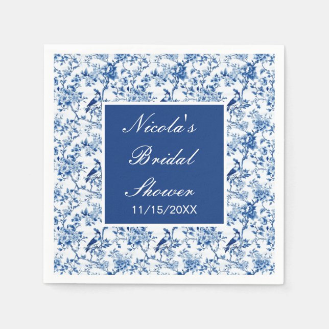 Chinoiserie Blaue Vögel und Blume Brautparty Serviette (Vorderseite)