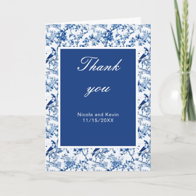 Chinoiserie Blaue Vögel und Blume Hochzeit Dankeskarte (Vorderseite)