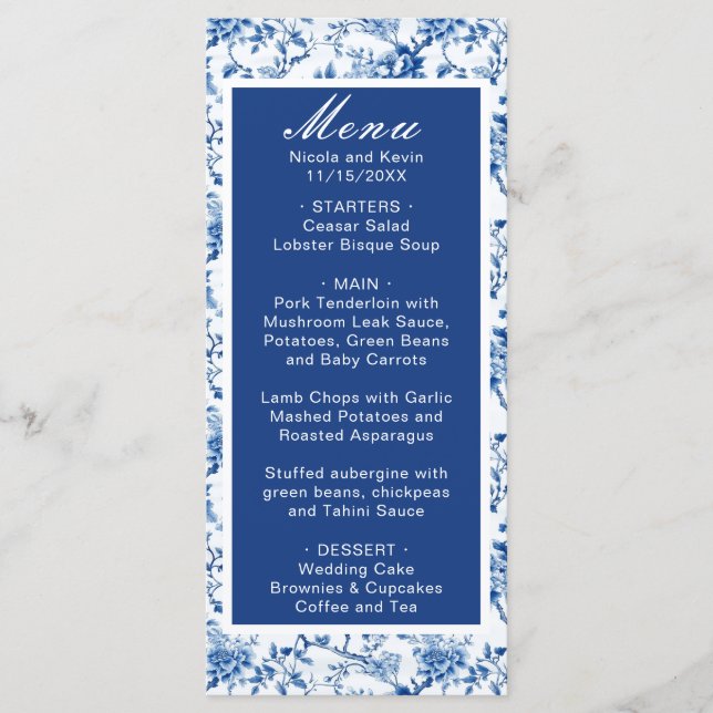 Chinoiserie Blaue Vögel und Blume Hochzeit Menükarte (Vorderseite)