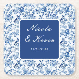 Chinoiserie Blaue Vögel und Blume Hochzeit Rechteckiger Pappuntersetzer