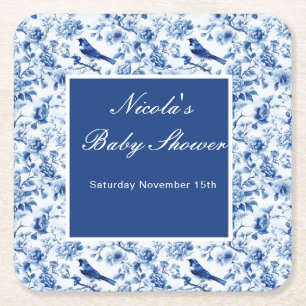 Chinoiserie Blaue Vögel und Blumen Baby Shower Rechteckiger Pappuntersetzer