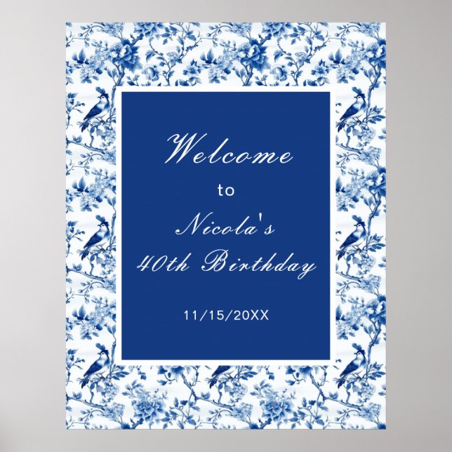 Chinoiserie Blaue Vögel und Blumen Brautparty Poster (Vorne)