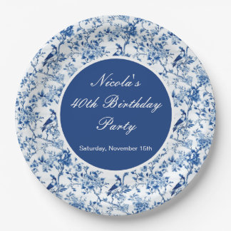 Chinoiserie Blaue Vögel und Blumen Geburtstag Pappteller