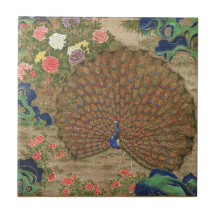 Chinoiserie Blauer Pfau mit exotischem Blumengarte Fliese