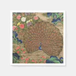 Chinoiserie Blauer Pfau mit exotischem Blumengarte Serviette
