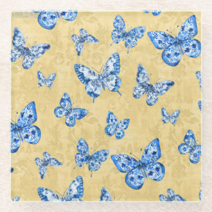 Chinoiserie Blauer weißer Schmetterling Faltenhose Glasuntersetzer