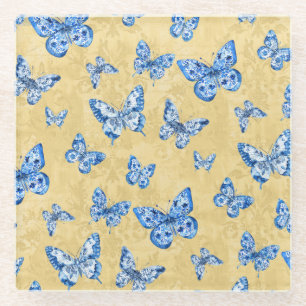 Chinoiserie Blauer weißer Schmetterling Faltenhose Glasuntersetzer