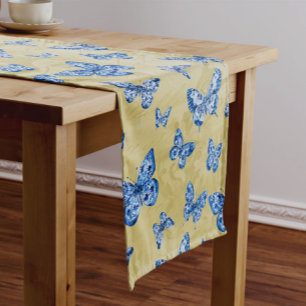 Chinoiserie Blauer weißer Schmetterling Faltenhose Mittelgroßer Tischläufer