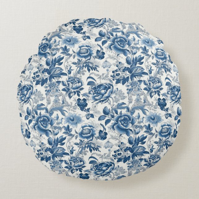 Chinoiserie Blauer Weißer Zwerg Wohngestaltung Rundes Kissen (Vorderseite)