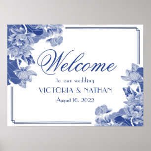 Chinoiserie Blaues Blumiges Hochzeits-Willkommenss Poster