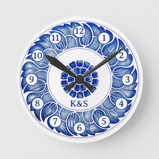 Chinoiserie blaues Porcerlain inspirierte eigene I Runde Wanduhr (Vorderseite)