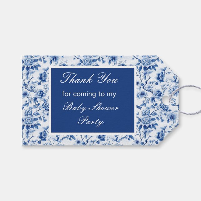 Chinoiserie Blue Birds and Blume Baby Shower Geschenkanhänger (Vorderseite (Horizontal))
