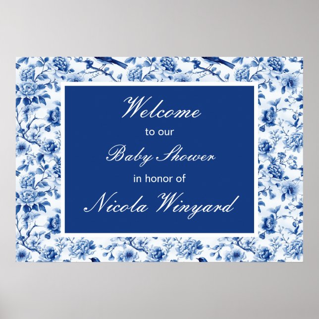 Chinoiserie Blue Birds and Blume Baby Shower Poster (Vorne)
