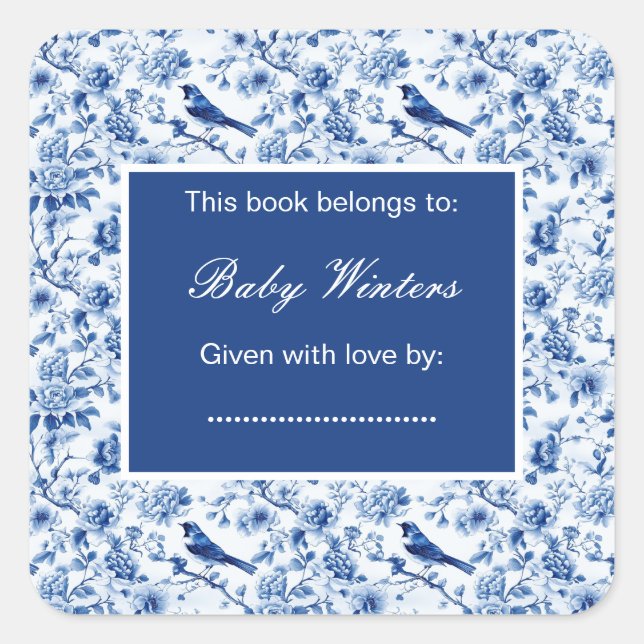 Chinoiserie Blue Birds and Blume Baby Shower Quadratischer Aufkleber (Vorderseite)