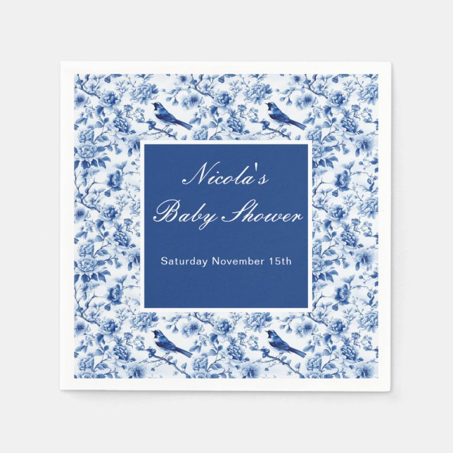 Chinoiserie Blue Birds and Flowers Baby Shower Serviette (Vorderseite)