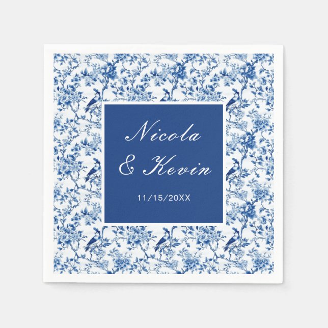Chinoiserie Blue Birds and Flowers Wedding Serviette (Vorderseite)