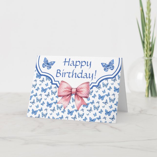 Chinoiserie Blue Butterfly Personalisierter Geburt Karte (Vorderseite)