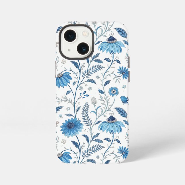 Chinoiserie Blue Echinacea Pattern iPhone 13 Mini Hülle (Rückseite)