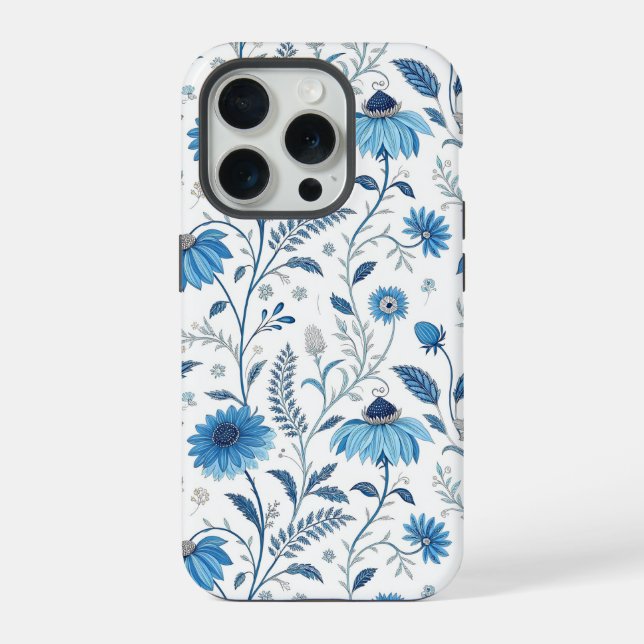 Chinoiserie Blue Echinacea Pattern iPhone 15 Pro Hülle (Rückseite)