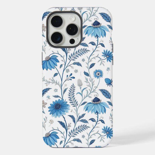 Chinoiserie Blue Echinacea Pattern iPhone 15 Pro Max Hülle (Rückseite)