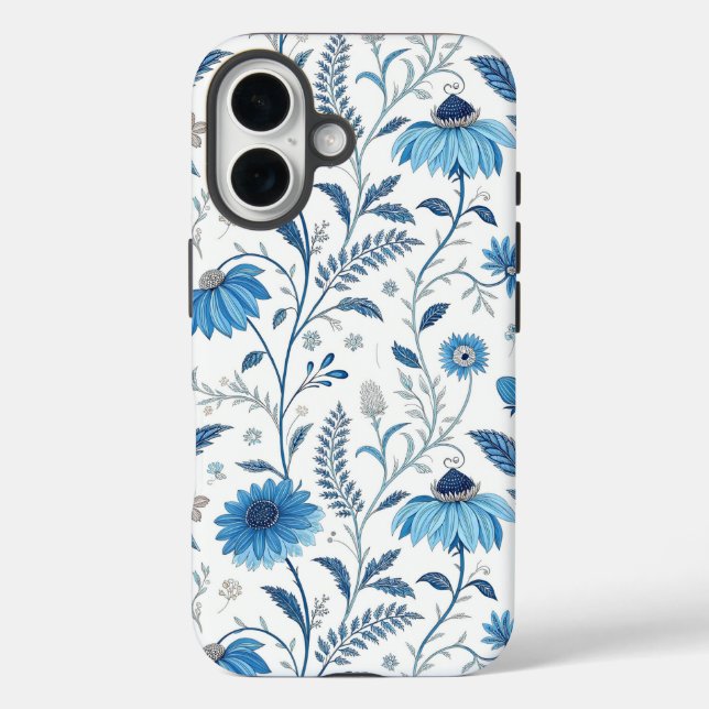 Chinoiserie Blue Echinacea Pattern iPhone 16 Hülle (Rückseite)