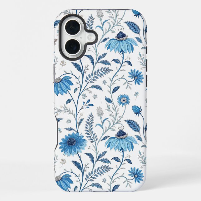 Chinoiserie Blue Echinacea Pattern iPhone 16 Plus Hülle (Rückseite)