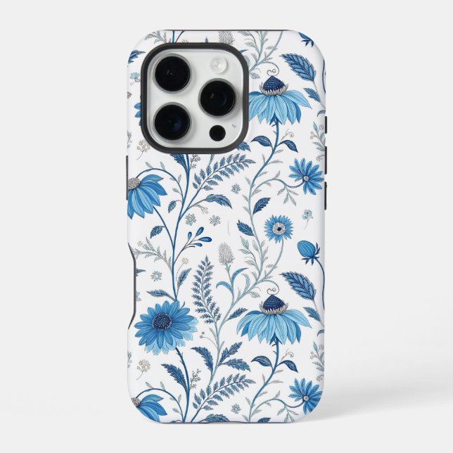 Chinoiserie Blue Echinacea Pattern iPhone 16 Pro Hülle (Rückseite)