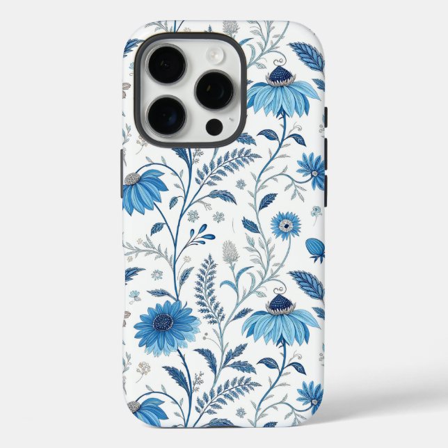 Chinoiserie Blue Echinacea Pattern iPhone 16 Pro Hülle (Rückseite)