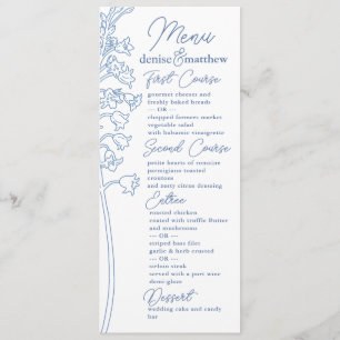Chinoiserie Blue Elegante Pagode und Blumenstrauß Menükarte