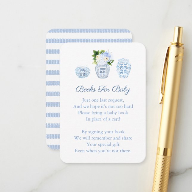 Chinoiserie Blue Floral Baby's Library Book Shower Begleitkarte (Vorderseite/Rückseite Beispiel)