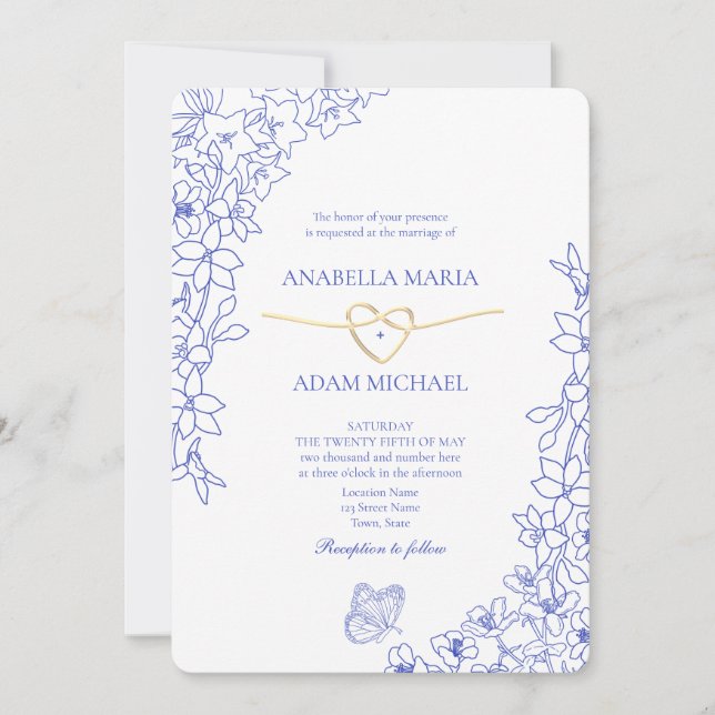 Chinoiserie Blue Floral Gold Herzstück Hochzeit Einladung (Vorderseite)