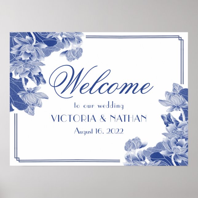 Chinoiserie Blue Floral Wedding Begrüßungszeichen Poster (Vorne)