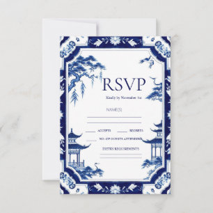 Chinoiserie Blue Floral Wedding RSVP Cards Karte