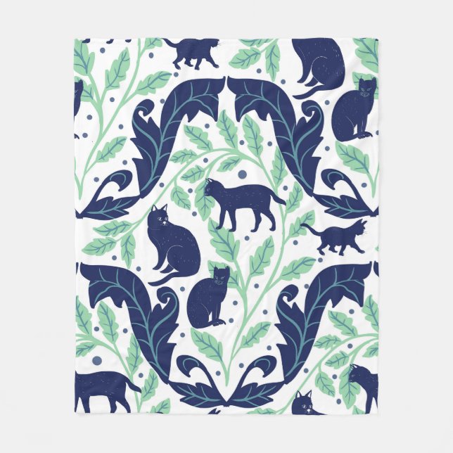 Chinoiserie Blue Mint Black Cat-Whimsical Fleecedecke (Vorderseite)