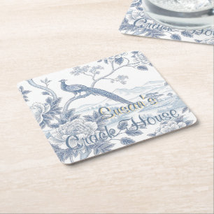 Chinoiserie Blue Toile Pfau Custom Mahjong Rechteckiger Pappuntersetzer