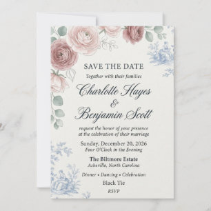 Chinoiserie Blue Toile und Dusty Rose Floral  Einladung