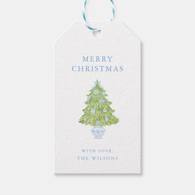 Chinoiserie Blue Tree Ribbon Weihnachtsgeschenk Ta Geschenkanhänger (Vorderseite)
