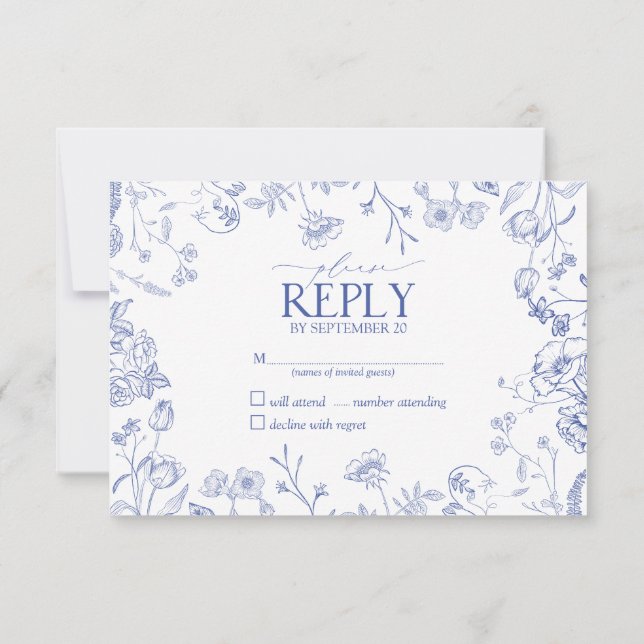 Chinoiserie Blue Victorian Floral Pas de menu RSVP (Dos)