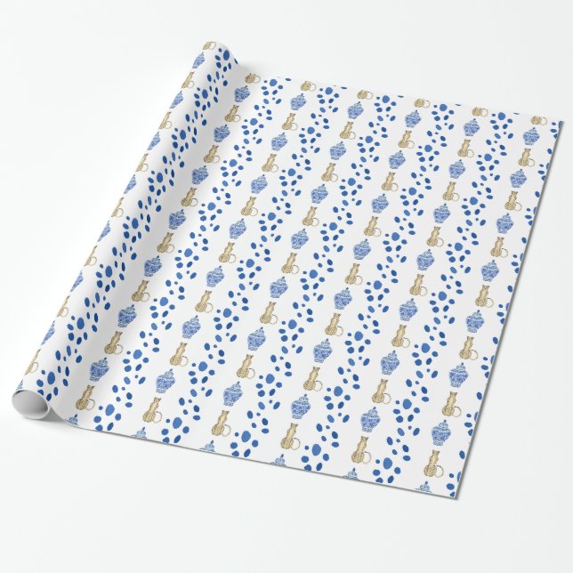 Chinoiserie Blue & White Cheetah Geschenkartikel W Geschenkpapier (Ungerollt)