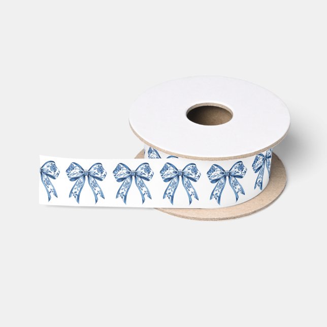 Chinoiserie Blue White Christmas Bows Satinband (Spule)