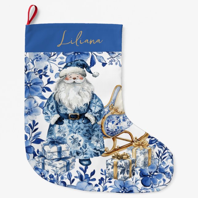 Chinoiserie Blue White Flora Weihnachten Großer Weihnachtsstrumpf (Vorderseite)