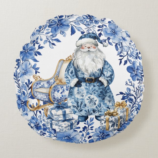 Chinoiserie Blue White Flora Weihnachten Rundes Kissen (Vorderseite)