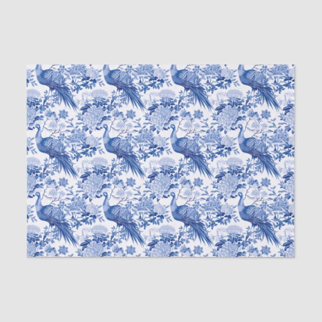 Chinoiserie Blue & White Floral Asian Birds Seidenpapier (Vorderseite)