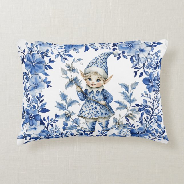Chinoiserie Blue White Floral Christmas Elf Dekokissen (Vorderseite)