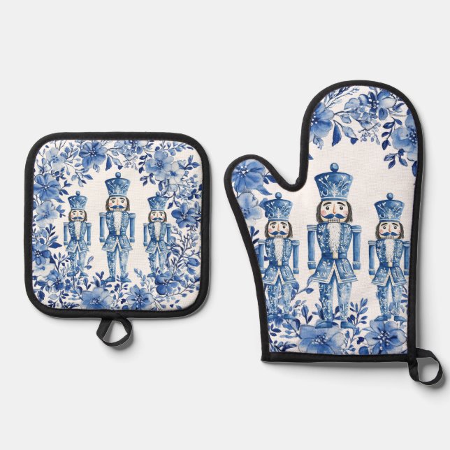 Chinoiserie Blue White Floral Christmas Nutcracker Ofenhandschuh & Topflappen-Set (Vorderseite)
