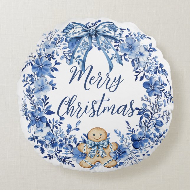 Chinoiserie Blue White Floral Gingerbrot Man Rundes Kissen (Vorderseite)