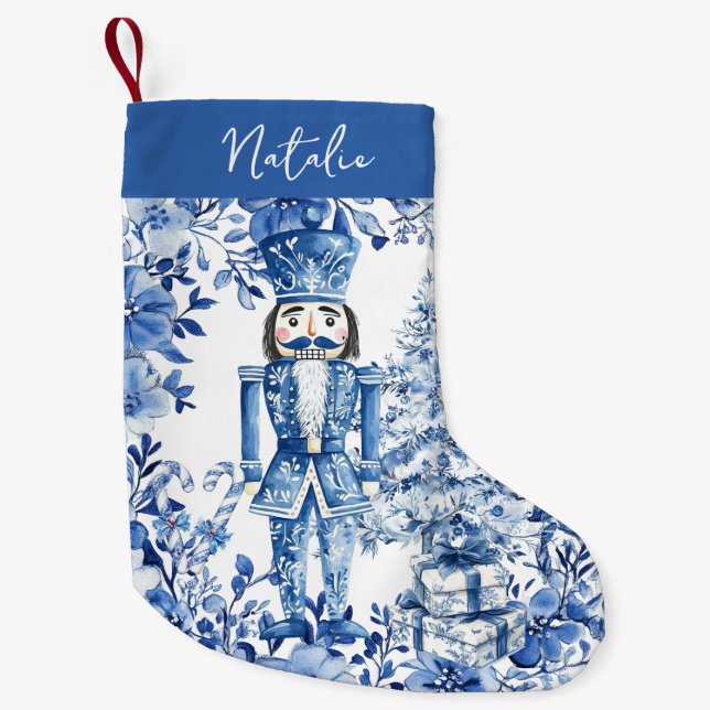 Chinoiserie Blue White Floral Nutcracker Soldier Kleiner Weihnachtsstrumpf (Vorderseite)