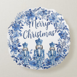 Chinoiserie Blue White Floral Nutcracker Soldiers Rundes Kissen