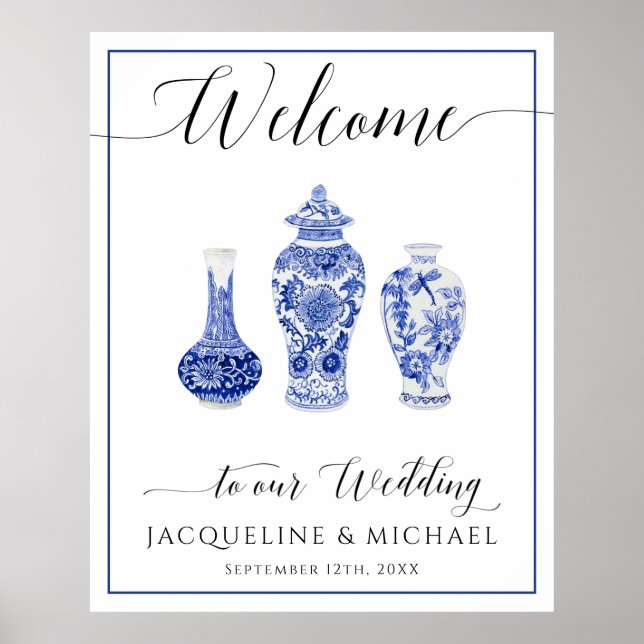 Chinoiserie Blue White Ginger Jar Begrüßung Poster (Vorne)